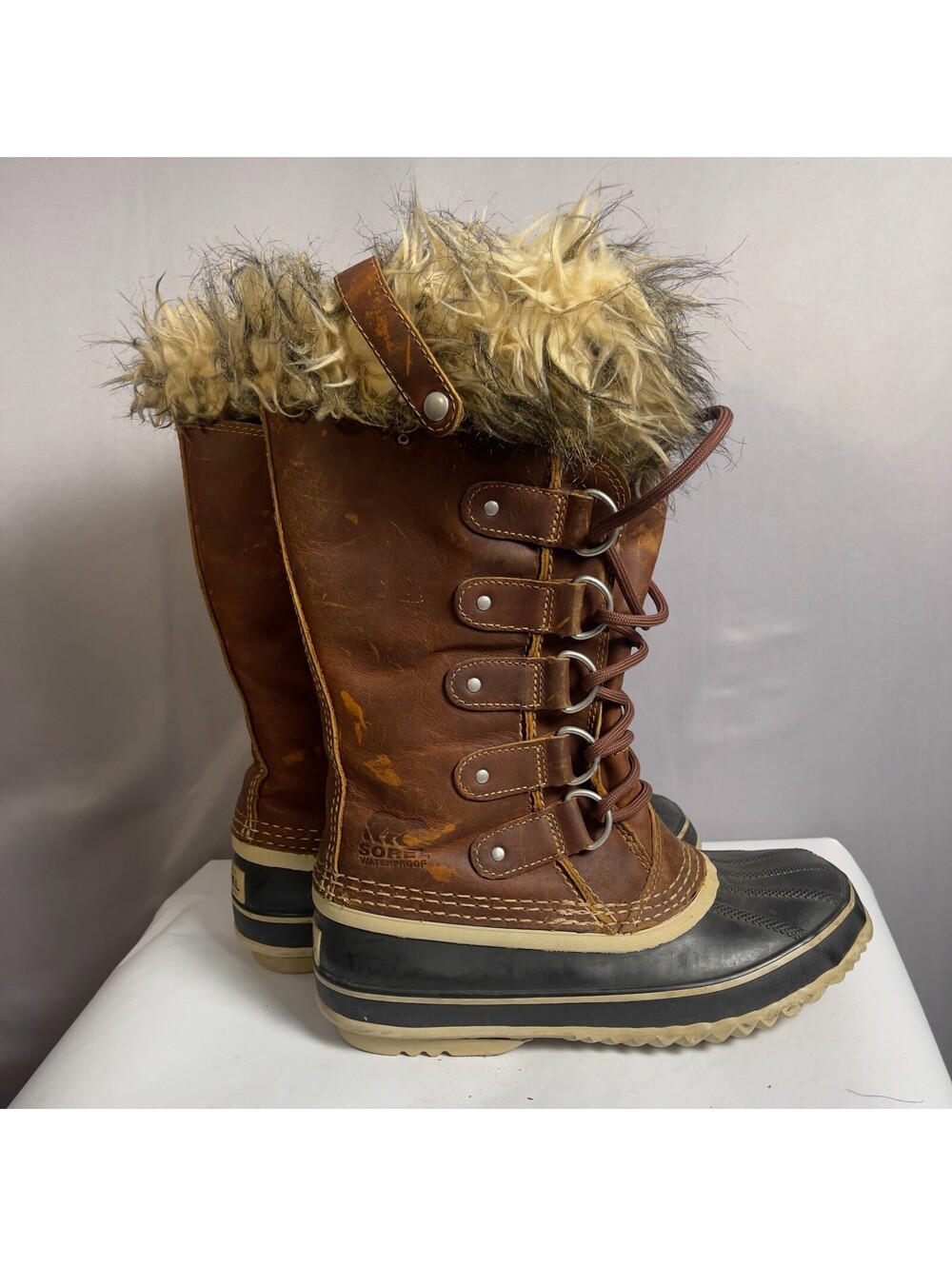 SOREL Joan of Arctic Premium Boots Womens 6 Brown Leather Faux Fur Winter Snow